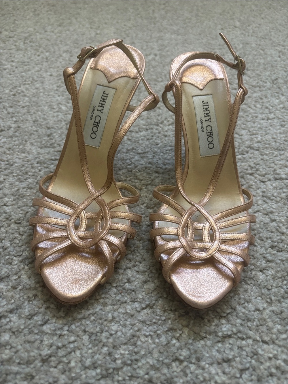 Jimmy Choo Rose Gold Metallic Strappy Heels size 38 1/2 (7 1/2)